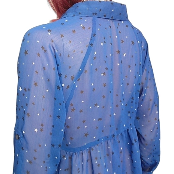 Express Sheer Long Sleeve Blue with Star Print Size Small Petite - Picture 5 of 8